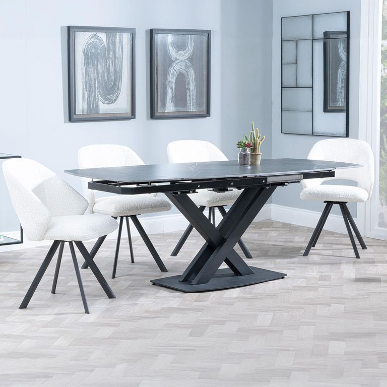 Arctic Black Ceramic Swivel Top Extending Dining Set - Ion Cream Boucle Teddy Fabric Swivel Dining Chair