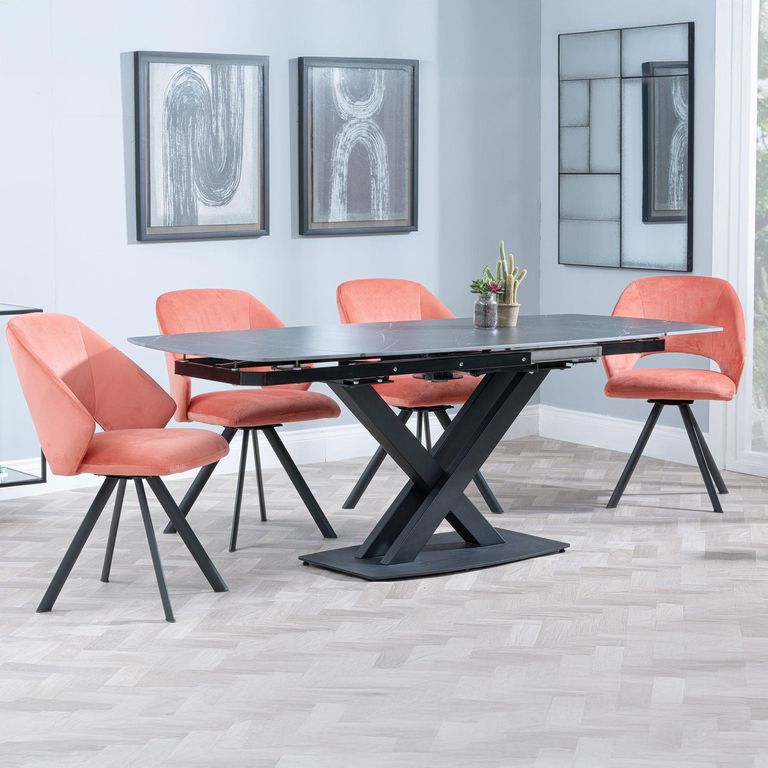Arctic Black Ceramic Swivel Top Extending Dining Set - Ion Orange Velvet Fabric Swivel Dining Chair