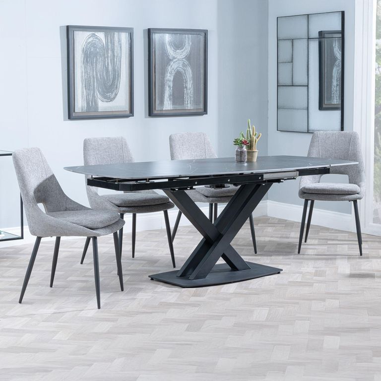 Arctic Black Ceramic Swivel Top Extending Dining Set - Peyton Grey Fabric Dining Chair