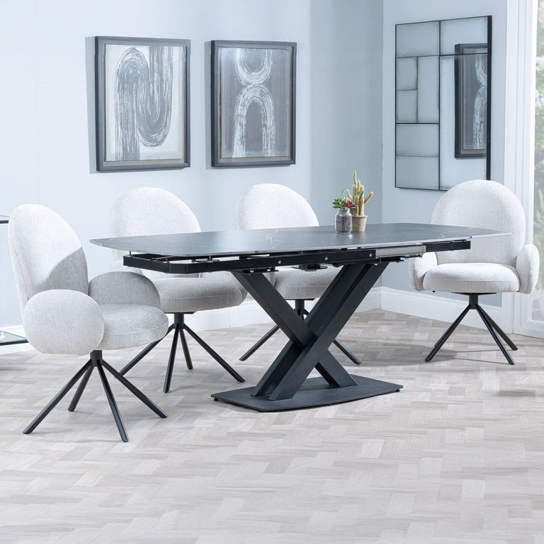 Arctic Black Ceramic Swivel Top Extending Dining Set - Theo Grey Fabric Swivel Dining Chair