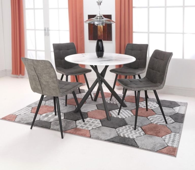 Avesta White Marble Effect Round Dining Table and 4 Rodeo Dark Grey Chairs