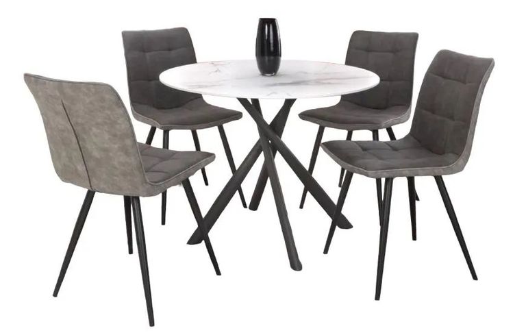 Avesta White Marble Effect Round Dining Table and 4 Rodeo Dark Grey Chairs