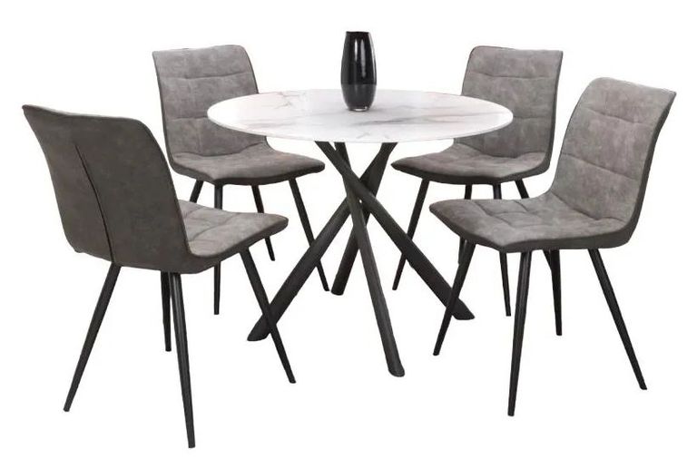 Avesta White Marble Effect Round Dining Table and 4 Rodeo Light Grey Chairs