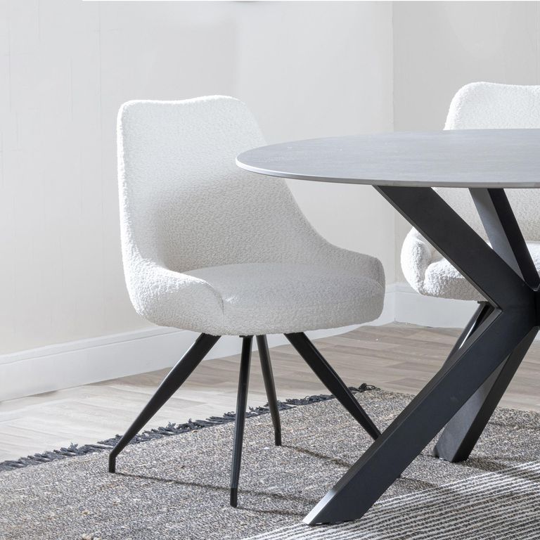 Bari Grey Ceramic Extending Dining Set - Arctic Cream Velvet Fabric Swivel Dining Chair