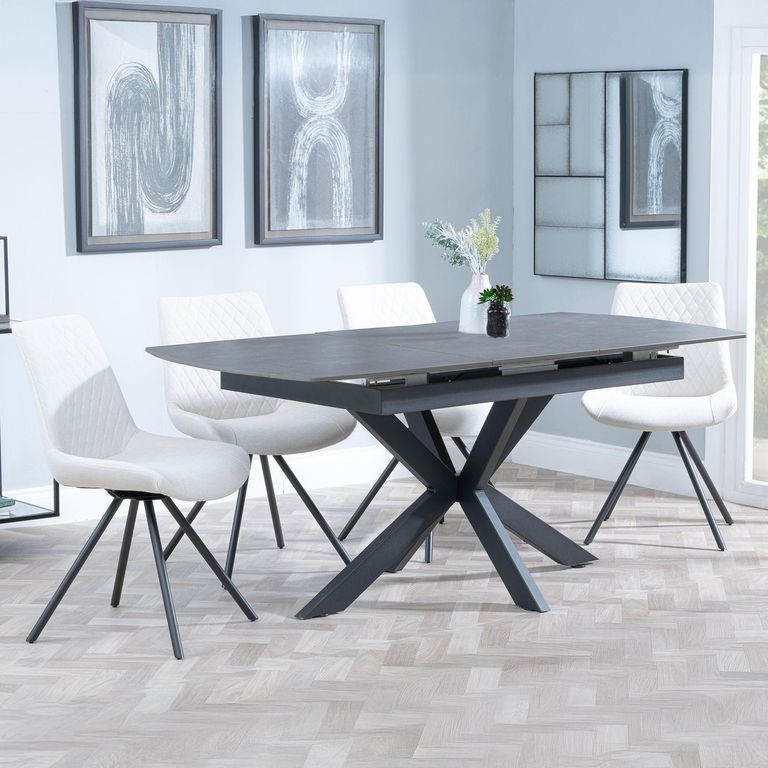 Bari Grey Ceramic Extending Dining Set - Boden Cream Fabric Swivel Dining Chair