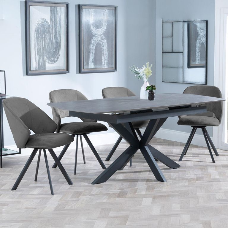 Bari Grey Ceramic Extending Dining Set - Ion Dark Grey Velvet Fabric Swivel Dining Chair