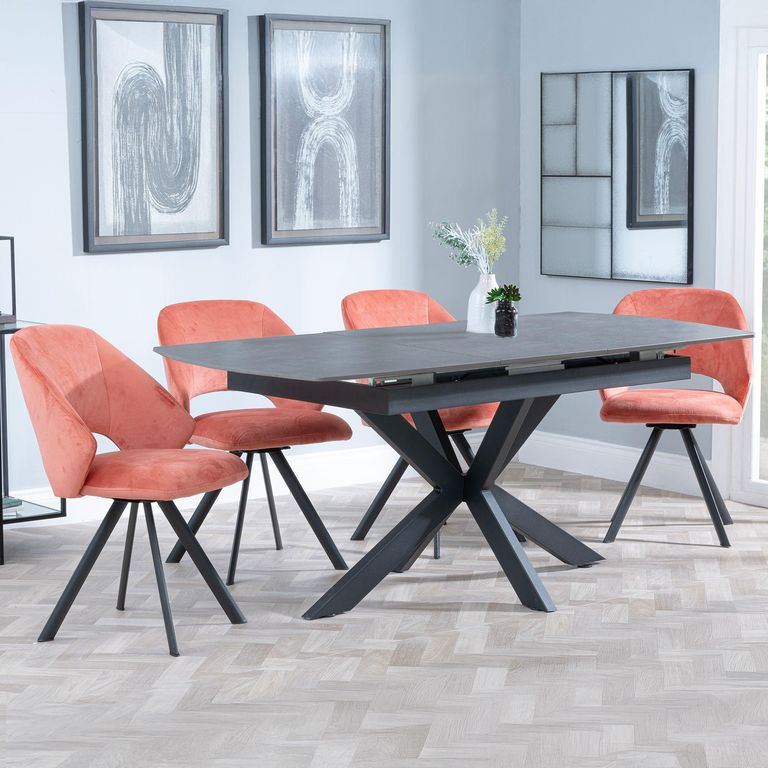 Bari Grey Ceramic Extending Dining Set - Ion Orange Velvet Fabric Swivel Dining Chair