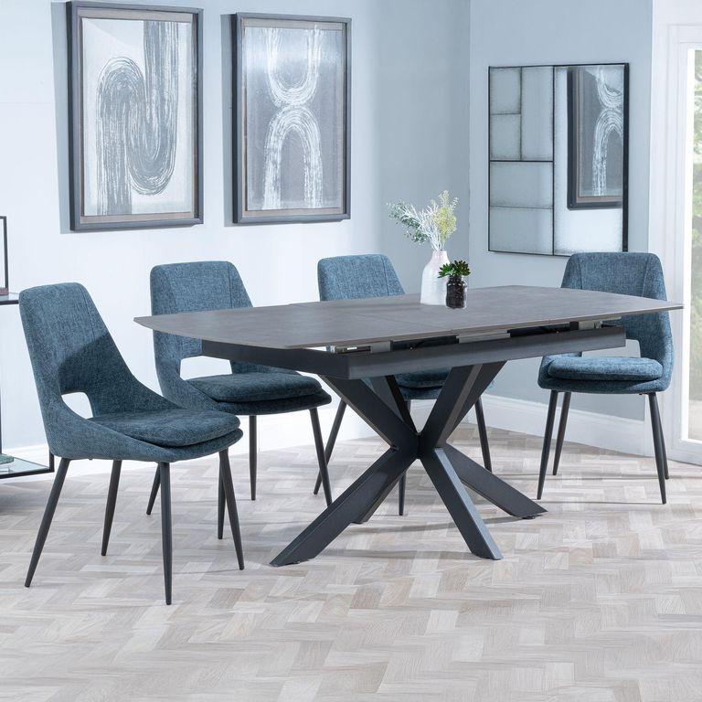 Bari Grey Ceramic Extending Dining Set - Peyton Blue Fabric Dining Chair
