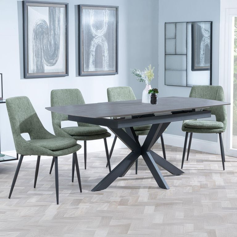 Bari Grey Ceramic Extending Dining Set - Peyton Green Fabric Dining Chair