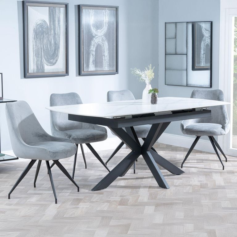 Bari Extending Dining Set - 4-6 Seater - 140cm-180cm - White Ceramic - Arctic Swivel Dining Chair - Grey Velvet Fabric