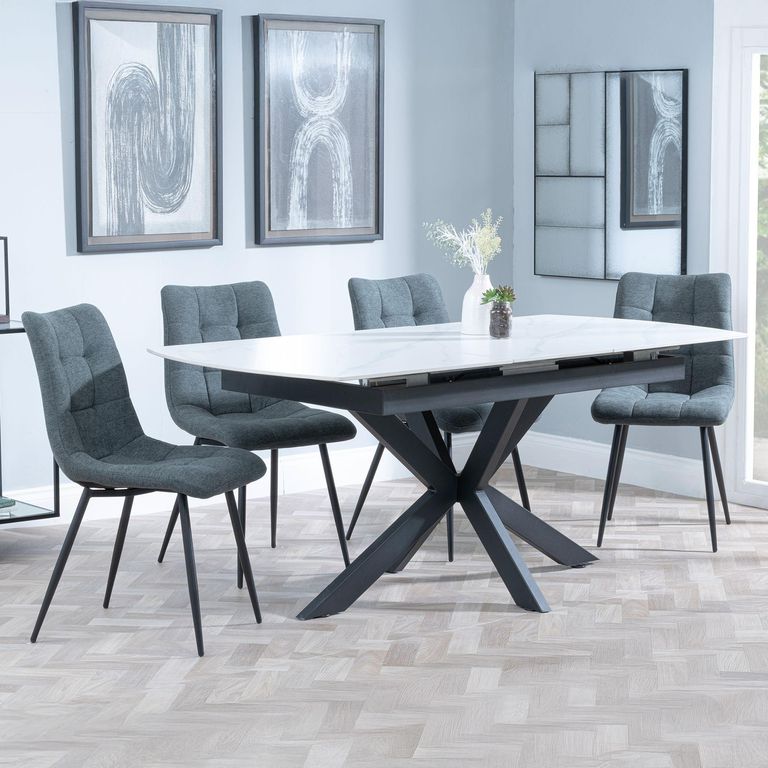 Bari White Ceramic Extending Dining Set - Corona Light Grey Fabric Dining Chair