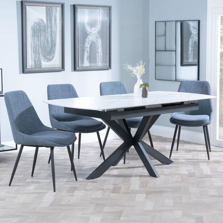 Bari Extending Dining Set - 4-6 Seater - 140cm-180cm - White Ceramic - Darwin Dining Chair - Dark Grey Fabric