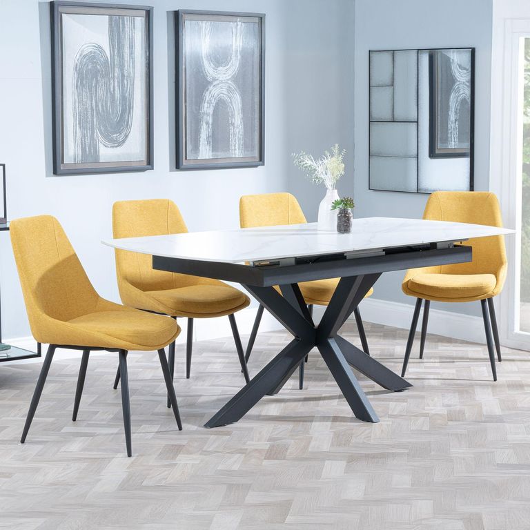Bari Extending Dining Set - 4-6 Seater - 140cm-180cm - White Ceramic - Darwin Dining Chair - Yellow Fabric
