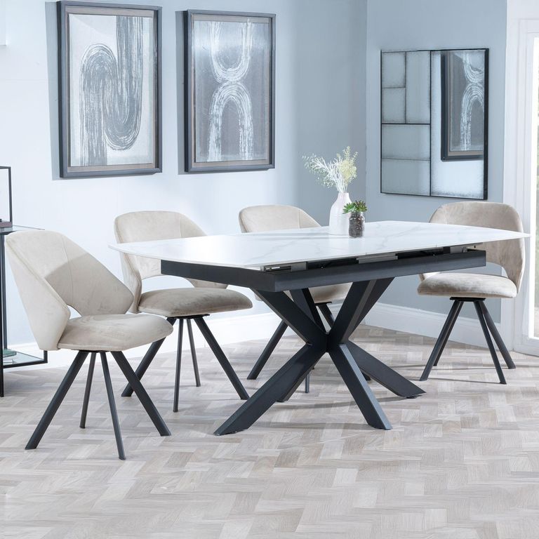 Bari Extending Dining Set - 4-6 Seater - 140cm-180cm - White Ceramic - Ion Swivel Dining Chair - Beige Velvet Fabric