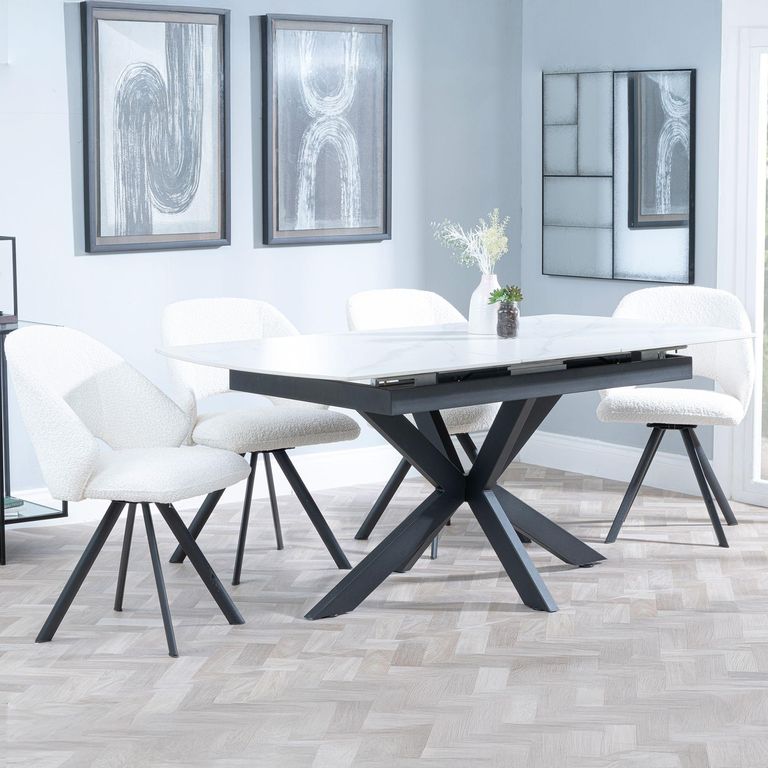 Bari Extending Dining Set - 4-6 Seater - 140cm-180cm - White Ceramic - Ion Swivel Dining Chair - Cream Boucle Fabric