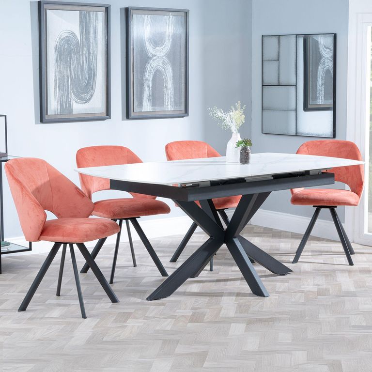 Bari Extending Dining Set - 4-6 Seater - 140cm-180cm - White Ceramic - Ion Swivel Dining Chair - Orange Velvet Fabric