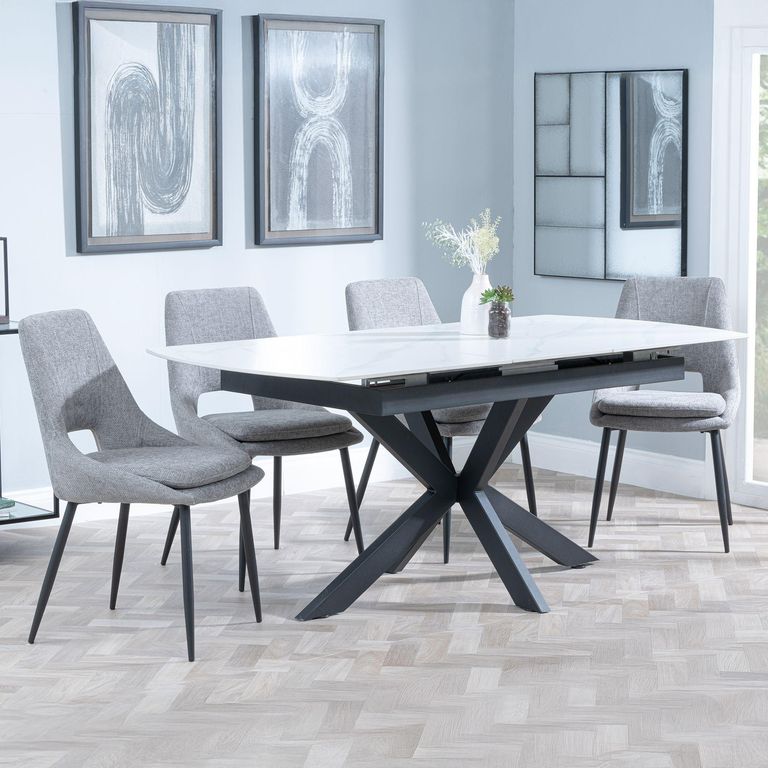 Bari Extending Dining Set - 4-6 Seater - 140cm-180cm - White Ceramic - Peyton Dining Chair - Grey Fabric