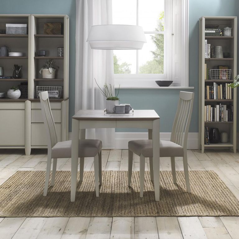 Bergen Grey Washed Oak Extending Dining Table Set - 2-4 Seater - 80cm-115cm - 2 Slatted Back Grey Bonded Leather Chairs