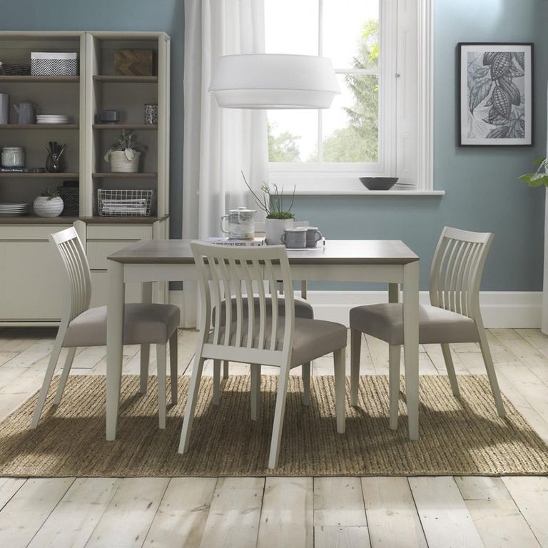 Bergen Grey Washed Oak Extending Dining Table Set - 4-6 Seater - 80cm-115cm - 4 Slatted Back Grey Bonded Leather Chairs