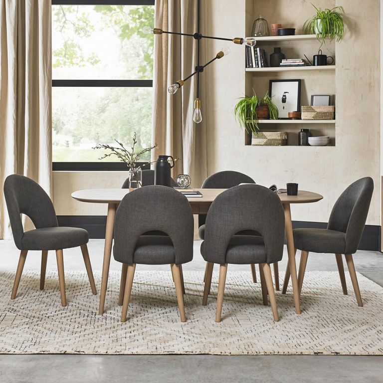 Dansk Scandi Oak Dining Table Set - 4 Seater - 4 Cold Steel Fabric Upholstered Chairs