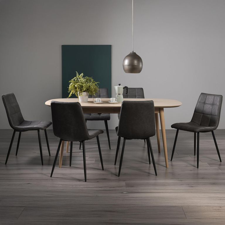 Dansk Scandi Oak Extending Dining Table Set - 6-8 Seater - 175cm-215cm - 6 Mondrian Dark Grey Faux Leather Chairs