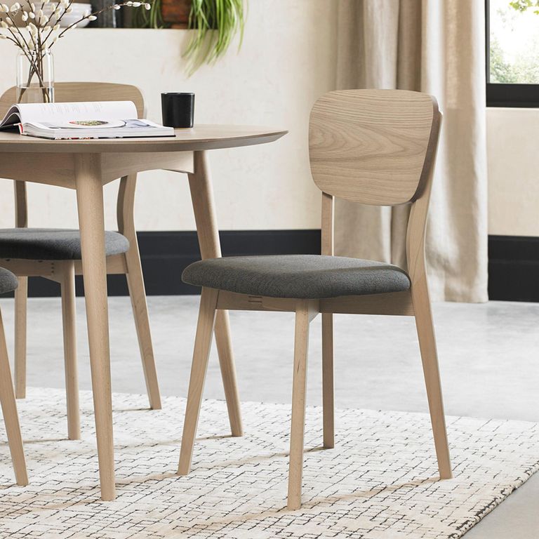 Dansk Scandi Oak Dining Table Set - Cold Steel Fabric Veneer Back Chairs