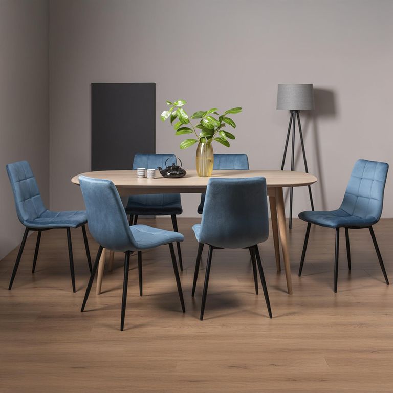 Dansk Scandi Oak Dining Table Set - Mondrian Petrol Blue Velvet Chairs