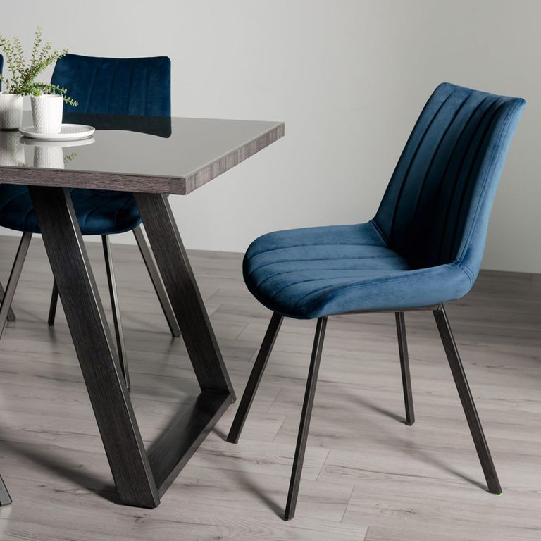 Hirst Grey Painted Glass Dining Table Set - 6 Seater - 90cm - 6 Fontana Blue Velvet Chairs
