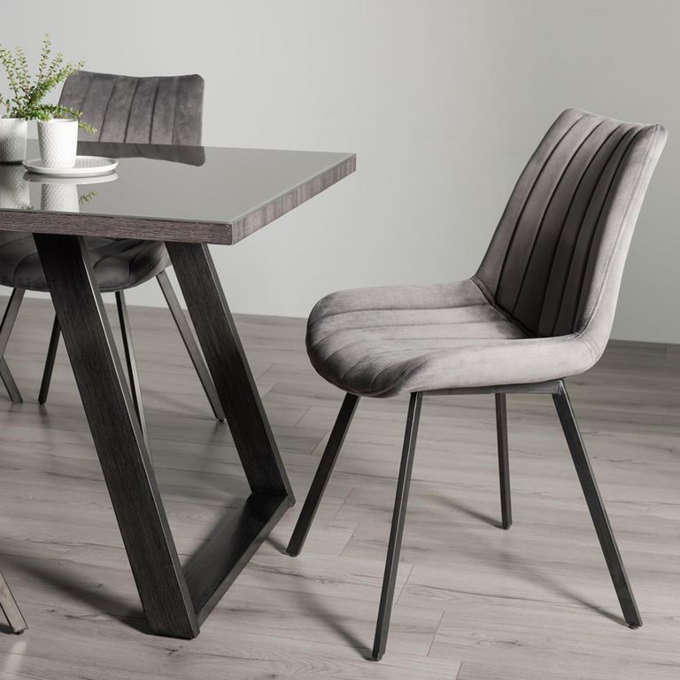 Hirst Grey Painted Glass Dining Table Set - 6 Seater - 90cm - 6 Fontana Grey Velvet Chairs