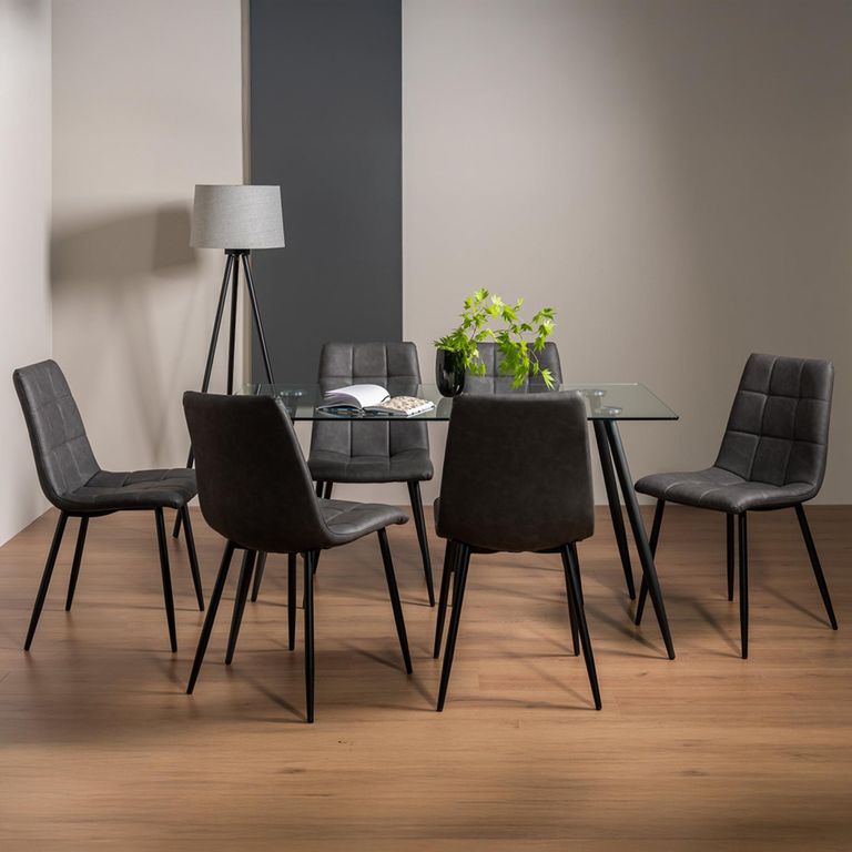 Martini Glass Dining Table Set - 6 Seater - 140cm - 6 Mondrian Dark Grey Faux Leather Chairs