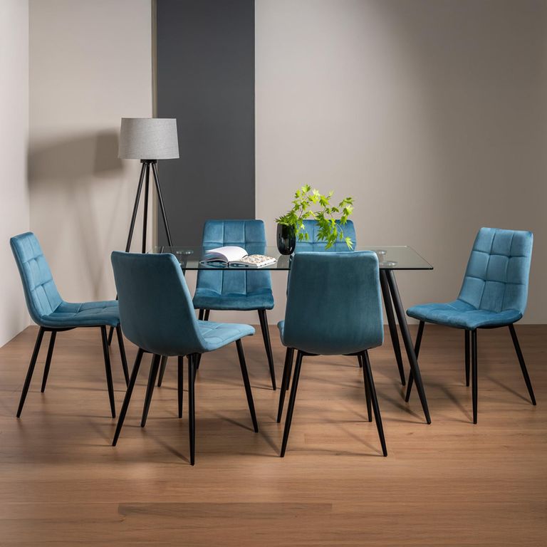 Martini Glass Dining Table Set - 6 Seater - 140cm - 6 Mondrian Petrol Blue Velvet Chairs