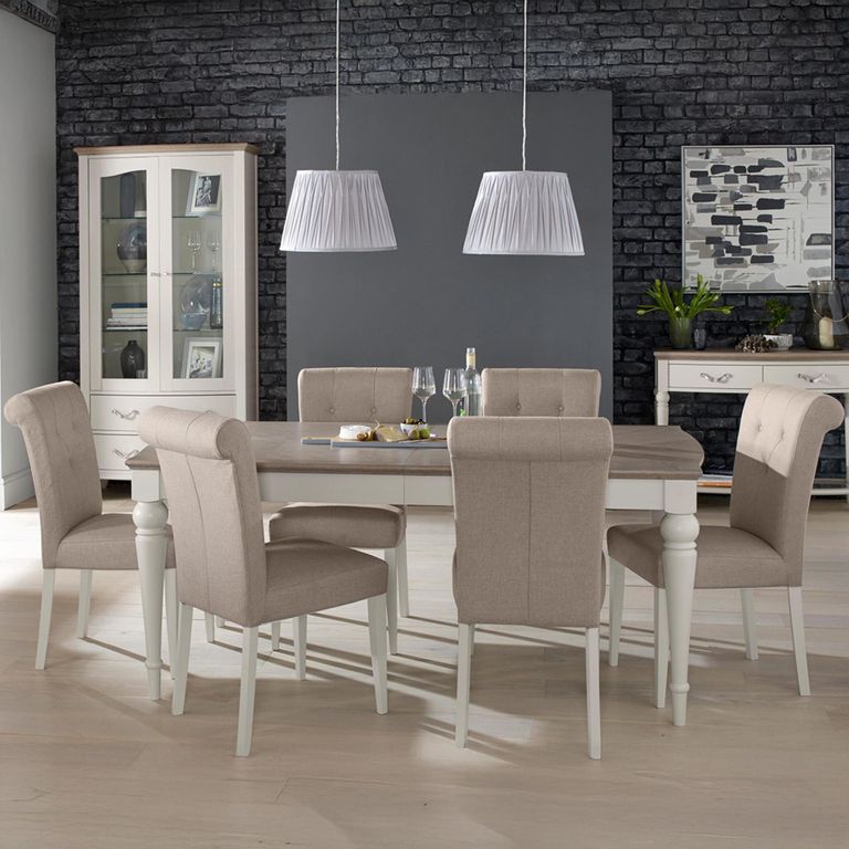 Montreux Extending Dining Table Set - 4-6 Seater - 140cm-180cm - 4 Upholstered Pebble Grey Fabric Chairs - Grey Washed Oak & Soft Grey