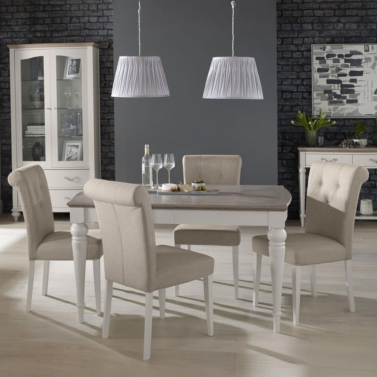 Montreux Extending Dining Table Set - 4-6 Seater - 140cm-180cm - 4 Upholstered Pebble Grey Fabric Chairs - Grey Washed Oak & Soft Grey