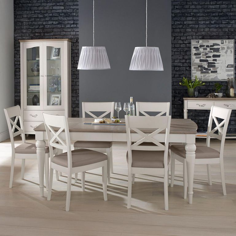 Montreux Extending Dining Table Set - 4-6 Seater - 140cm-180cm - 4 X Back Grey Bonded Leather Chairs - Grey Washed Oak & Soft Grey