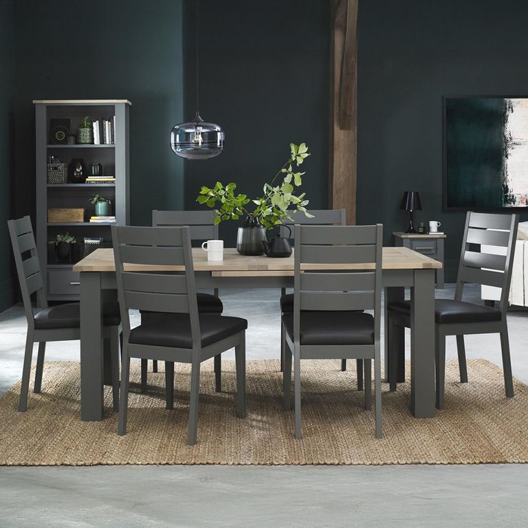 Oakham Dark Grey & Scandi Oak Extending Dining Table Set - 6-8 Seater - 180cm-225cm - 6 Dark Grey Bonded Leather Chairs