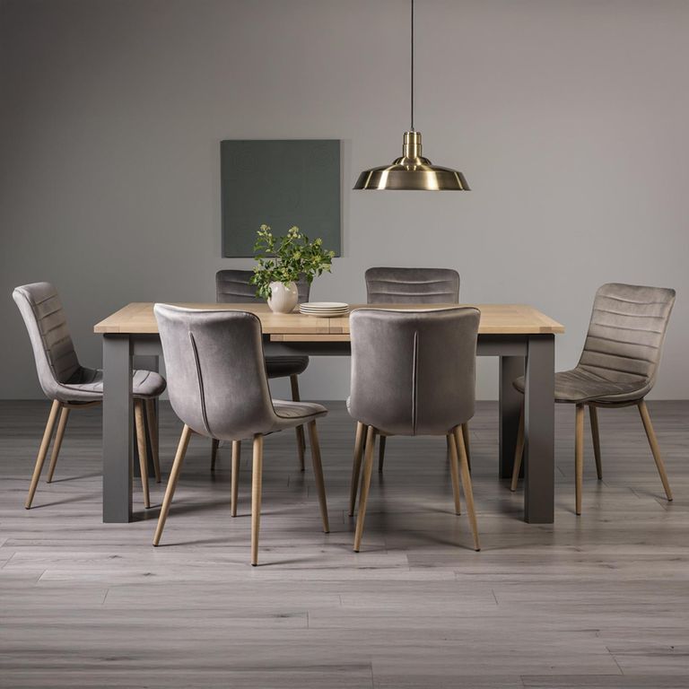 Oakham Scandi Oak Extending Dining Table Set - 6-8 Seater - 180cm-225cm - 6 Eriksen Grey Velvet Chairs