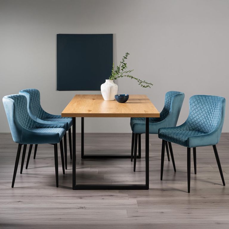 Ramsay Oak Dining Table Set - 6 Seater - 160cm - U Leg - 4 Cezanne Petrol Blue Velvet Chairs - Black Legs