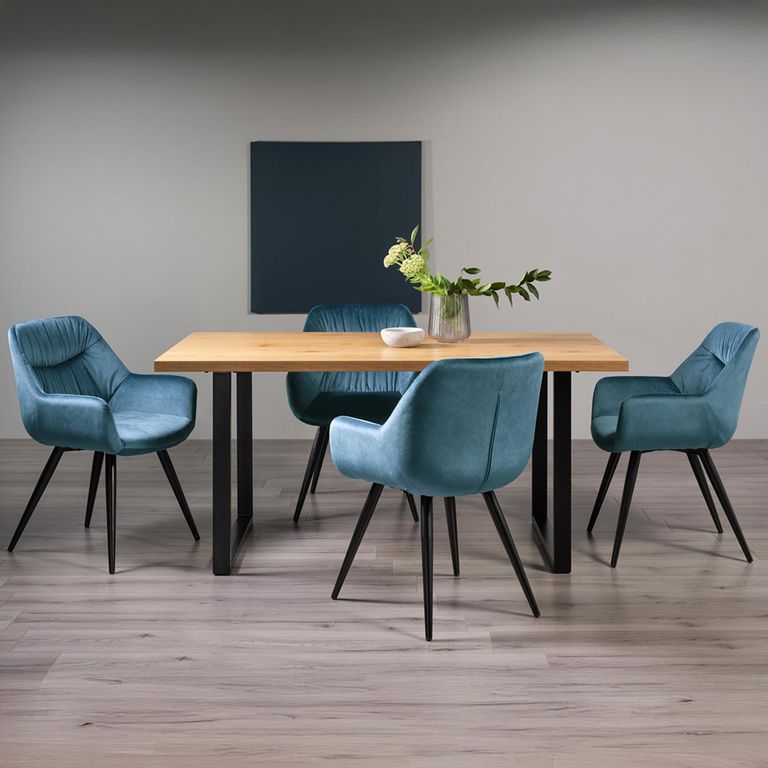 Ramsay Oak Dining Table Set - 6 Seater - 160cm - U Leg - 4 Dali Petrol Blue Velvet Chairs