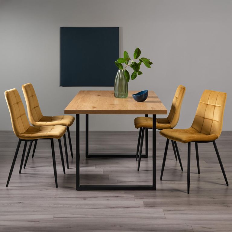 Ramsay Oak Dining Table Set - 6 Seater - 160cm - U Leg - 4 Mondrian Mustard Velvet Chairs