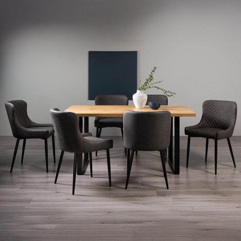 Ramsay Oak Dining Table Set - 6 Seater - 160cm - U Leg - 6 Cezanne Dark Grey Faux Leather Chairs - Black Legs