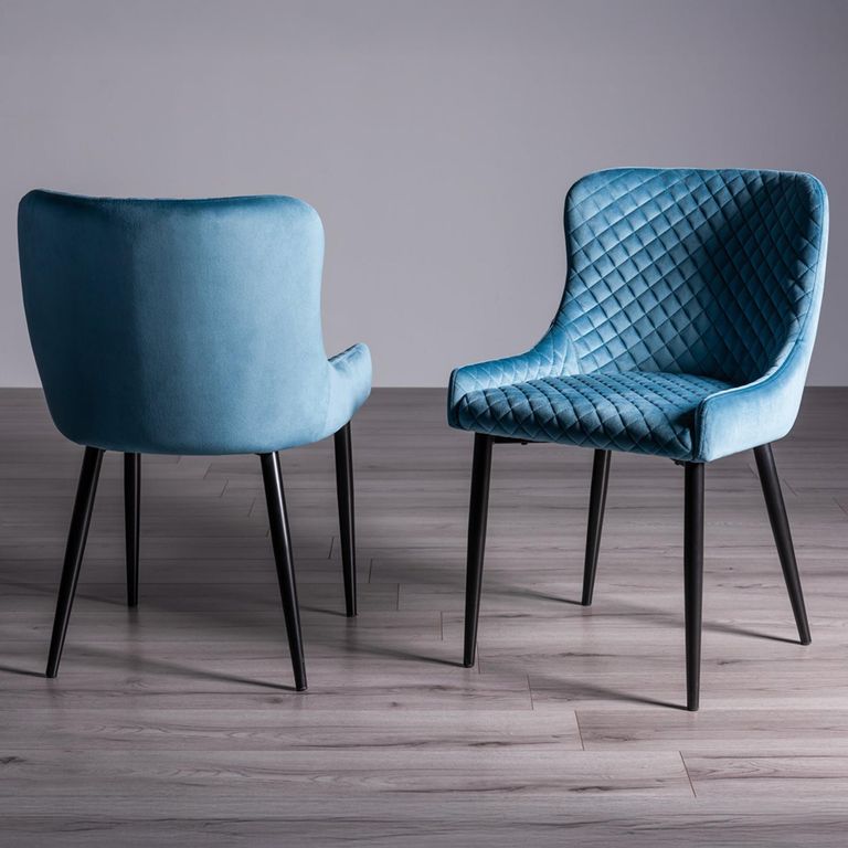 Ramsay Oak Dining Table Set - 6 Seater - 160cm - U Leg - 6 Cezanne Petrol Blue Velvet Chairs - Black Legs