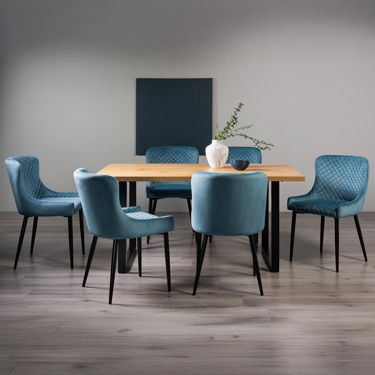 Ramsay Oak Dining Table Set - 6 Seater - 160cm - U Leg - 6 Cezanne Petrol Blue Velvet Chairs - Black Legs