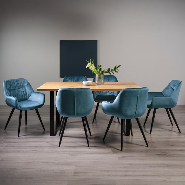 Ramsay Oak Dining Table Set - 6 Seater - 160cm - U Leg - 6 Dali Petrol Blue Velvet Chairs