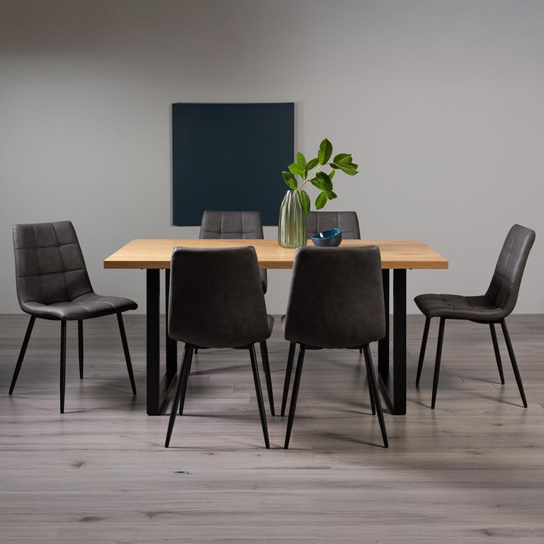 Ramsay Oak Dining Table Set - 6 Seater - 160cm - U Leg - 6 Mondrian Dark Grey Faux Leather Chairs
