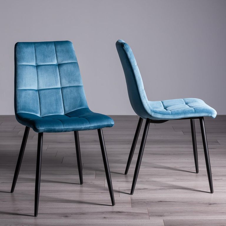 Ramsay Oak Dining Table Set - 6 Seater - 160cm - U Leg - 6 Mondrian Petrol Blue Velvet Chairs