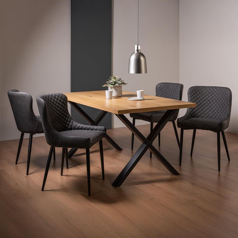 Ramsay Oak Dining Table Set - 6 Seater - 160cm - X Leg - 4 Cezanne Dark Grey Faux Leather Chairs - Black Legs