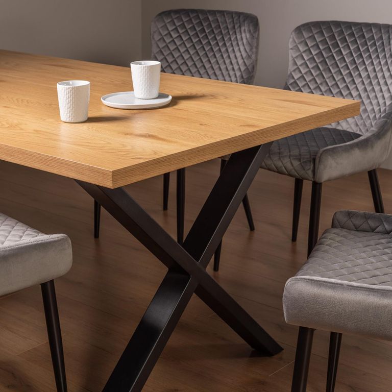 Ramsay Oak Dining Table Set - 6 Seater - 160cm - X Leg - 4 Cezanne Grey Velvet Chairs - Black Legs
