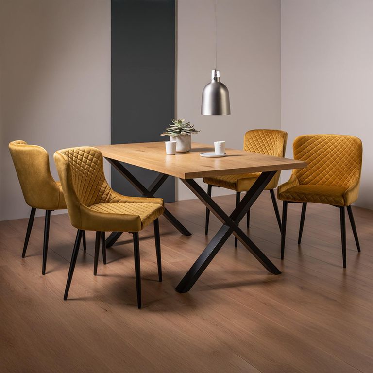 Ramsay Oak Dining Table Set - 6 Seater - 160cm - X Leg - 4 Cezanne Mustard Velvet Chairs - Black Legs