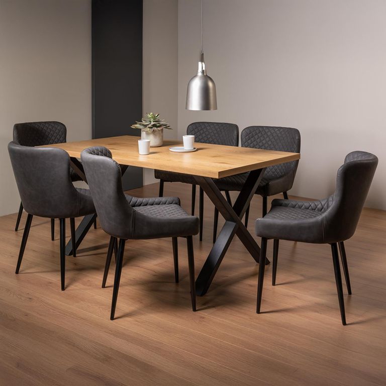 Ramsay Oak Dining Table Set - 6 Seater - 160cm - X Leg - 6 Cezanne Dark Grey Faux Leather Chairs - Black Legs