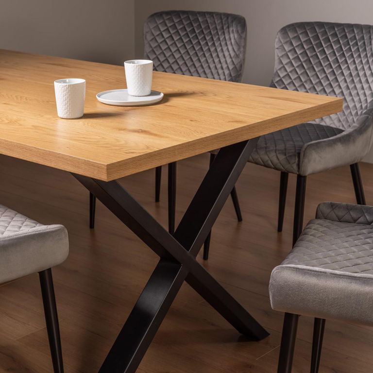 Ramsay Oak Dining Table Set - 6 Seater - 160cm - X Leg - 6 Cezanne Grey Velvet Chairs - Black Legs